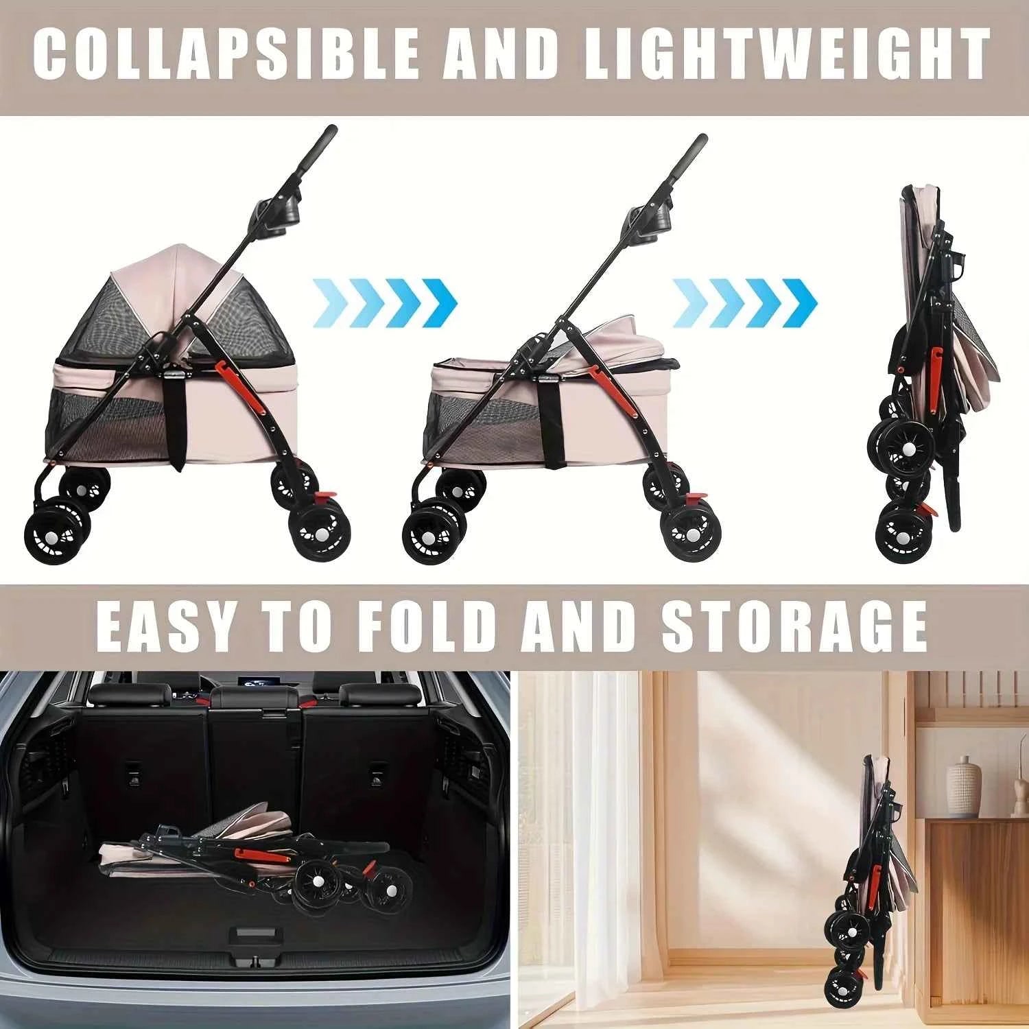 Spacious Pet Stroller for Dogs And Cats, Featuring Foldable Cage, Storage Basket, And Cup Holder Suitable for Small to Medium-Sized Dogs And Cats Four-Wheel Design (Black)