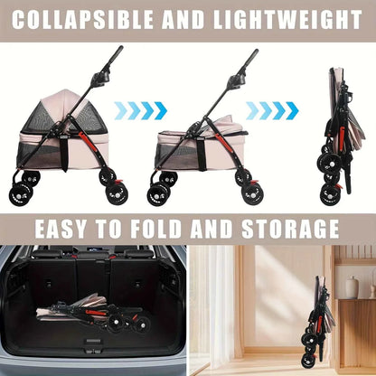 Spacious Pet Stroller for Dogs And Cats, Featuring Foldable Cage, Storage Basket, And Cup Holder Suitable for Small to Medium-Sized Dogs And Cats Four-Wheel Design (Black)