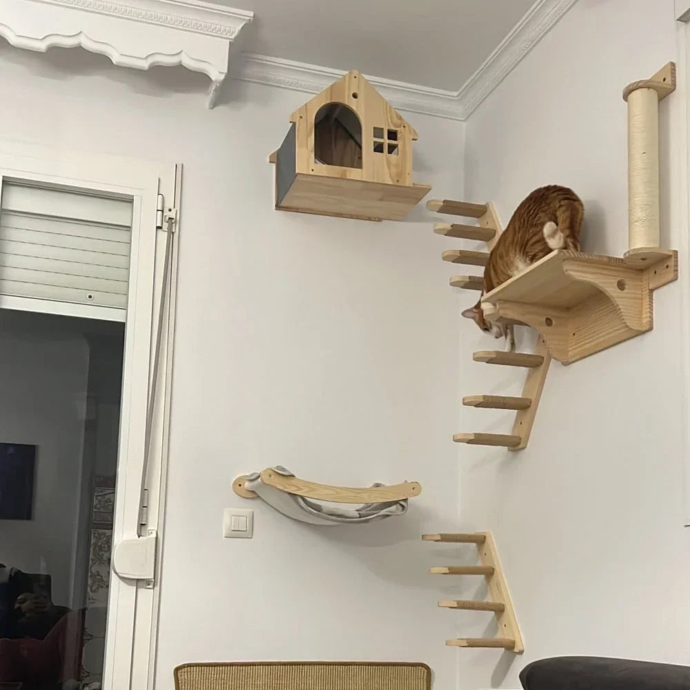 Wooden Cat Climbing Shelves Wall Mounted Cat Tree Sisal Scratching Post Pedal Hammock Indoor Kitten Playground Cats Accessories