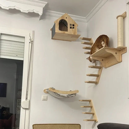 Wooden Cat Climbing Shelves Wall Mounted Cat Tree Sisal Scratching Post Pedal Hammock Indoor Kitten Playground Cats Accessories