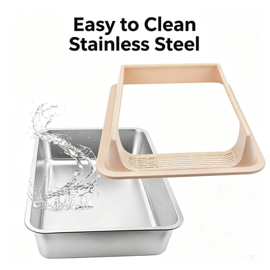 Premium Stainless Steel Cat Litter Box Semi-Enclosed Anti-Splash Cat High Rim Paw Clean Grid Multi Size Kitten Large Cat Toilet