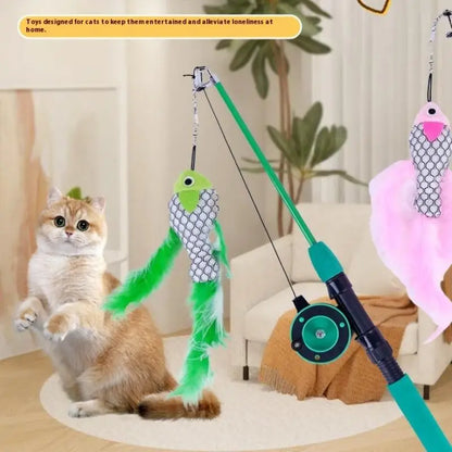 1Pc Telescopic Cat Fishing Rod Toy with Fish & Feathers, Interactive Funny Teaser Wand for Kitten Play