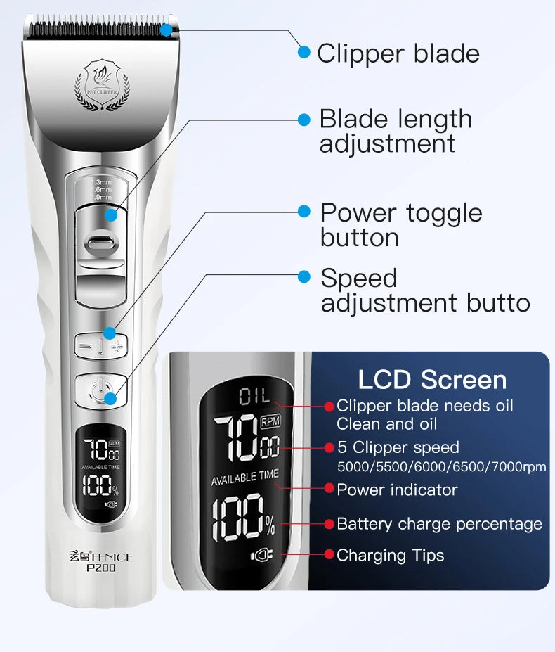 Fenice New Upgrade 5000mA Capacity Cordless LCD Screen Pets Dog Grooming Clippers Rechargeable Haircut Shaver for Trimming Salon