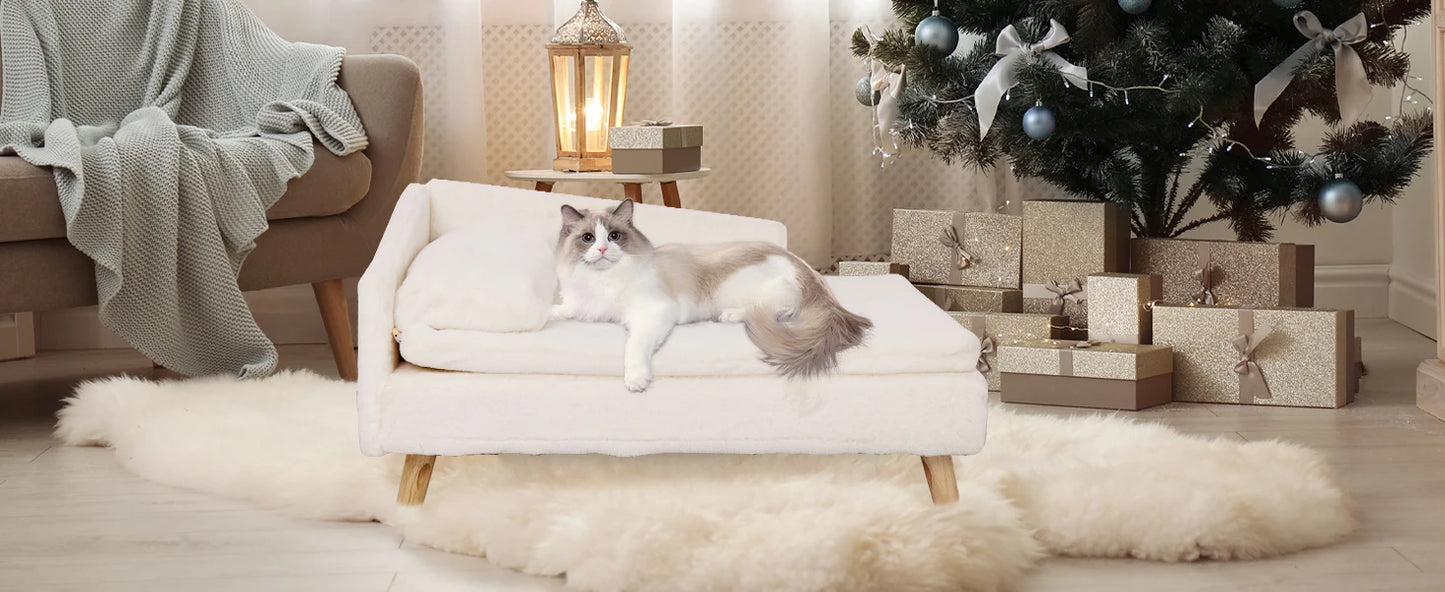 Luxury Elevated Dog Sofa Bed with Backrest Plush Cushion Wooden Legs Raised Dog Bed Lounger Chair for Small Medium Dog Cat Chair