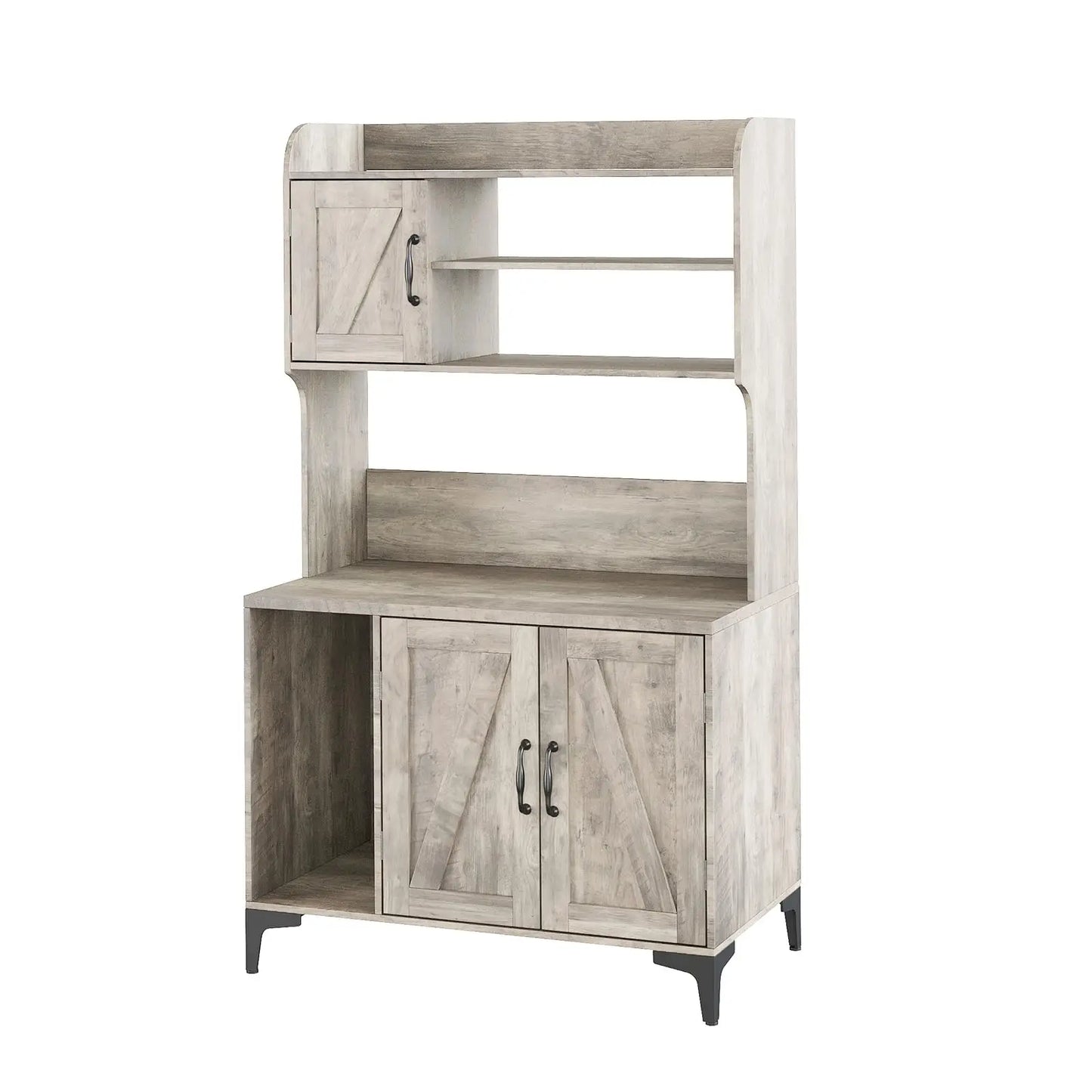 Rustic Farmhouse Hidden Cat Litter Box Enclosure 4-Tier Storage Shelves & 2 Cabinets Wood Cat Washroom Furniture For Indoor Use