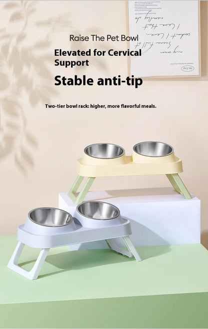 Stainless Steel Foldable Pet Bowl Double Dish - Elevated Feeder with Neck Support Anti-Tip Design for Cats Dogs