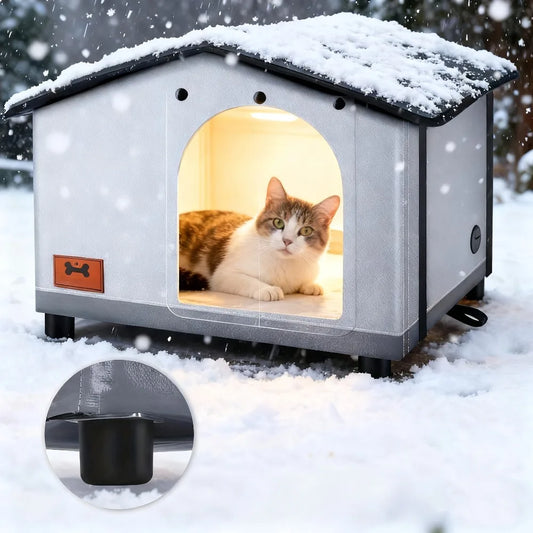 A insulated outdoor cat house with eaves and escape doors, designed for insulation and providing winter shelter for stray cats
