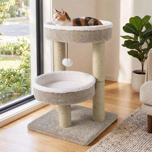 24" Cat Tower with 2 Plush Perches  Scratching Posts and Dangling Ball-Beige