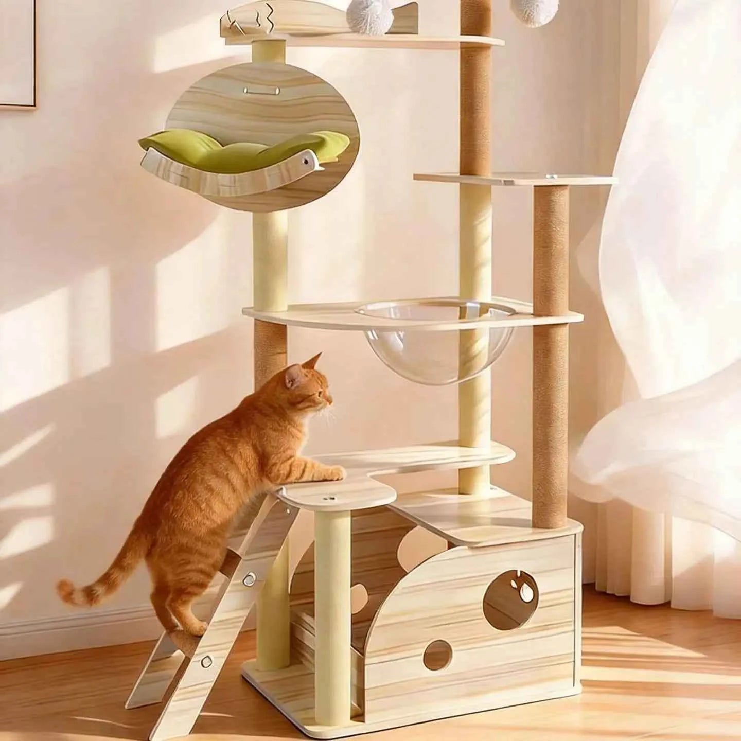 All-in-One Cat Tree | Floor-to-Ceiling Pole, Space Capsule, Sisal Post & Toys
