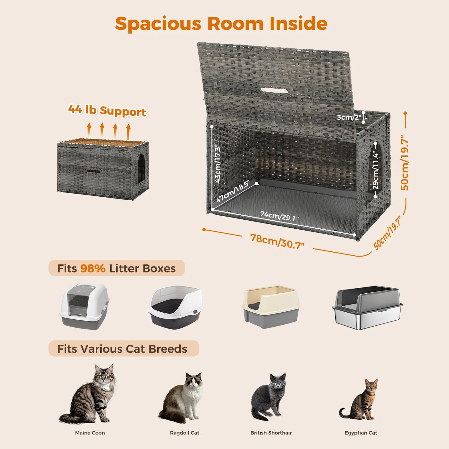 Rattan Cat Litter Box Enclosure Furniture with Door, Handwoven Rattan Hidden Litter Box Living Room Odor Control, Cat House Bed