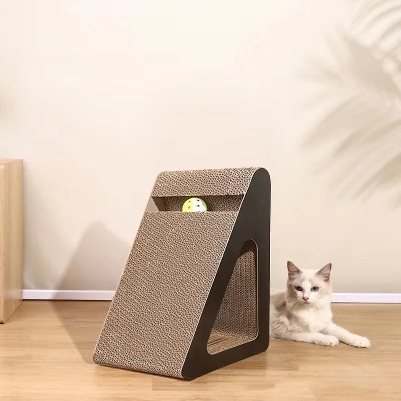 Pet Stress-Relief Triangle Cat Scratcher Made of Sturdy Cardboard with Interactive Spinning Balls