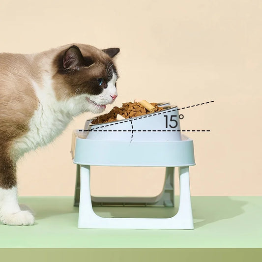 15° Elevated Pet Feeder: Portable Foldable Dual Stainless Steel Bowls with Non-Slip Base - Neck Support for Cats and Dogs - Pet Suppie