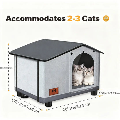 A insulated outdoor cat house with eaves and escape doors, designed for insulation and providing winter shelter for stray cats
