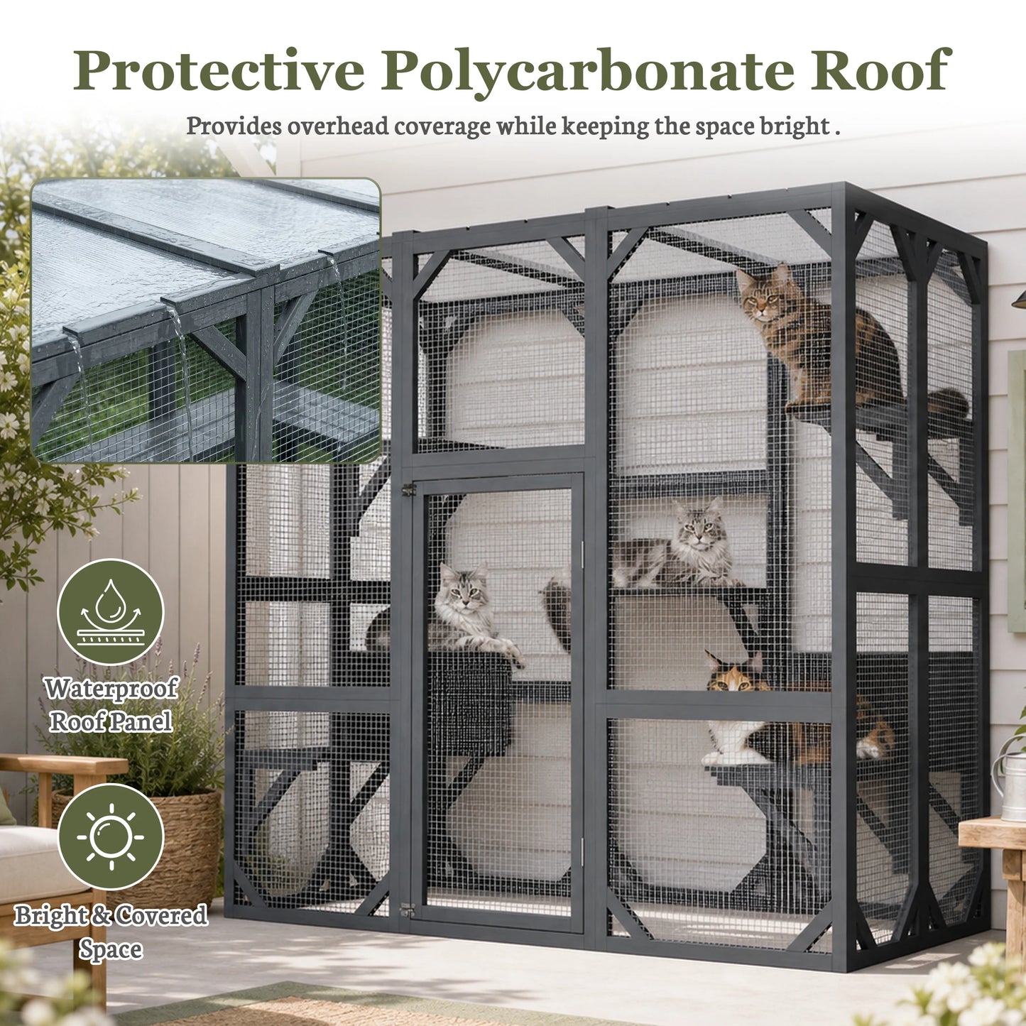 Large Wooden Catio Outdoor Cat Enclosure  Walk-in Cat House with Platforms & Rest Box   Weatherproof Cat Cage for Multiple Cats