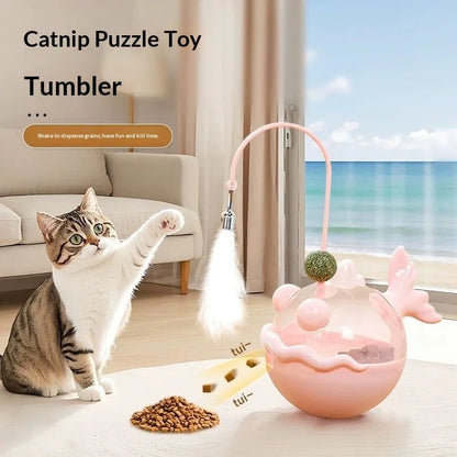 Cat Toys Wobble Treat Dispenser Feather Teaser Wand Catnip Balls Self Play Boredom Buster for Cats Pet Safe