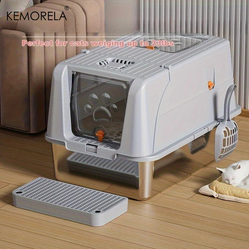 Extra Large Stainless Steel Cat Litter Box Convertible to Fully or Semi-Enclosed Detachable Flip Cover with Pedal &Scoop,for Cat