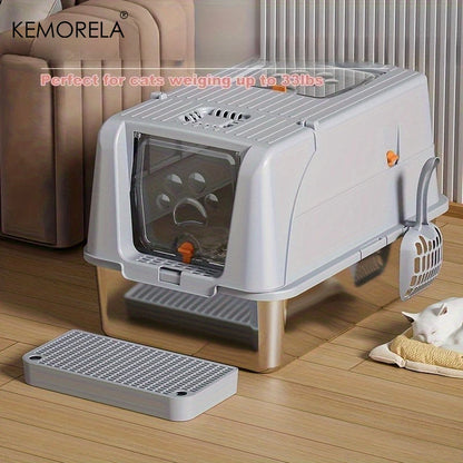 Extra Large Stainless Steel Cat Litter Box Convertible to Fully or Semi-Enclosed Detachable Flip Cover with Pedal &Scoop,for Cat