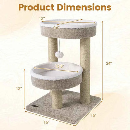 24" Cat Tower with 2 Plush Perches  Scratching Posts and Dangling Ball-Beige