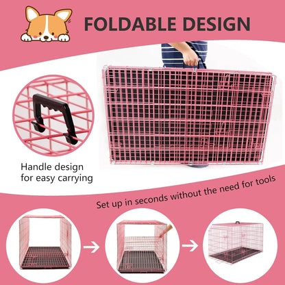 Extra Large Dog Crate with Double Door, 48 Inch Folding Metal Wire Cage, Removable Tray & Divider Panel for Large Dogs in Pink