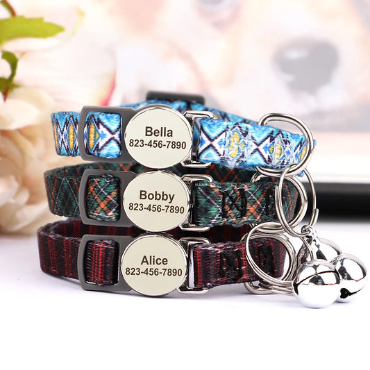 Quick-Release Personalised Nylon Cat Collar – Breakaway Kitten Necklace with Bell & Free Engraving (Red, Green, Blue) - Pet Suppie