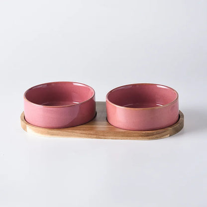 Dog Bowl Ceramic Matte Pet Bowl Cervical Spine Protector Anti Knock Over Wooden Tray Pet Feeding Supplies Cat Accessories