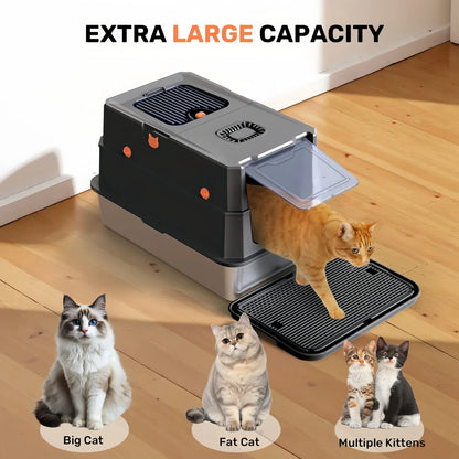 Premium Stainless Steel Enclosed Litter Box with Lid, XL Anti-Leakage Cat Toilet, Flip-Top Odor Control Design, Dual Entry