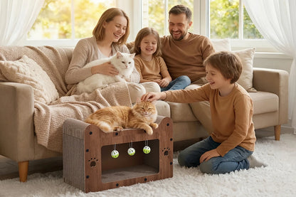 Walnut Cat Scratching House, Durable Cardboard Scratcher & House for Indoor Cats, Multi-Functional Hideout for Scratching, Playing & Resting, Easy to Assemble.
