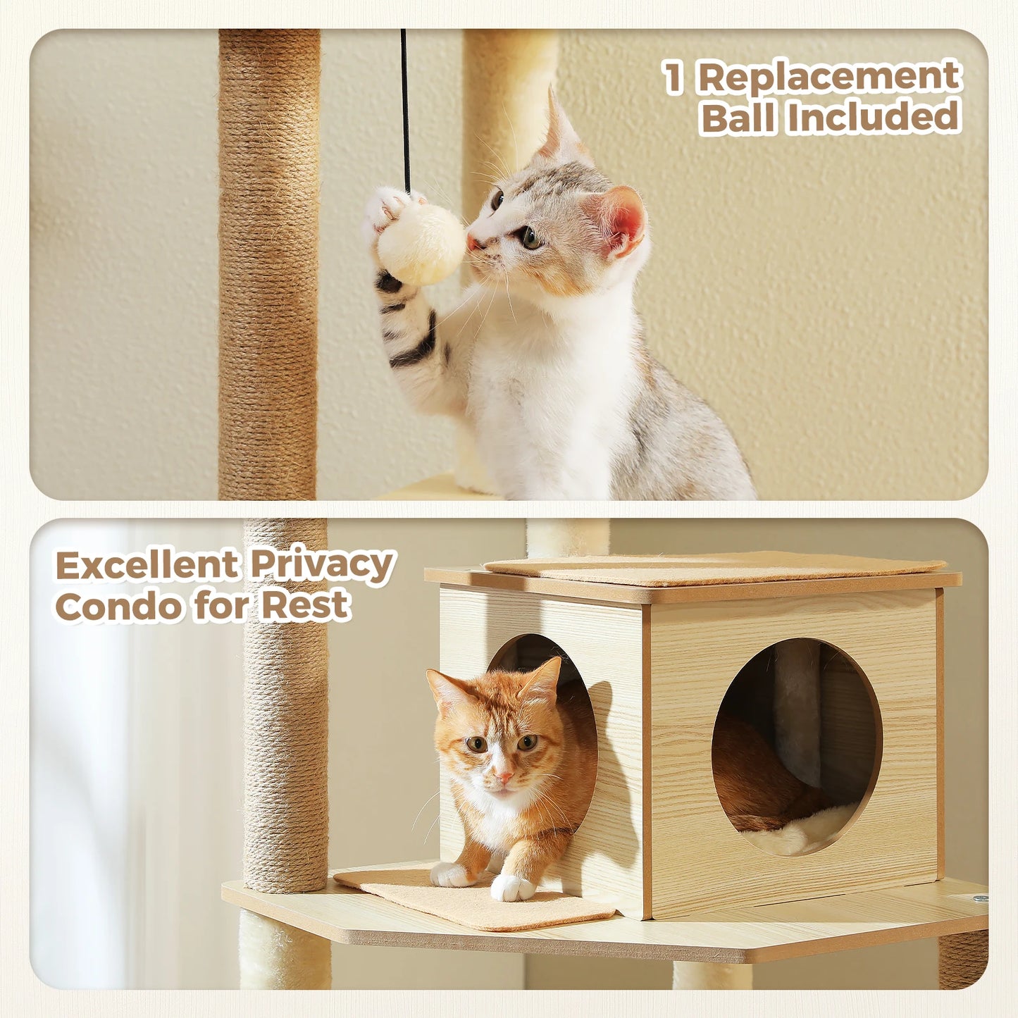 Wood Cat Tree with Sisal Scratching Posts Large Hammock Cozy Condo Bed Multi-Level Cat Tower for Indoor Cats Furniture Cat Toys