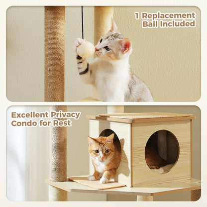 Wood Cat Tree with Sisal Scratching Posts Large Hammock Cozy Condo Bed Multi-Level Cat Tower for Indoor Cats Furniture Cat Toys