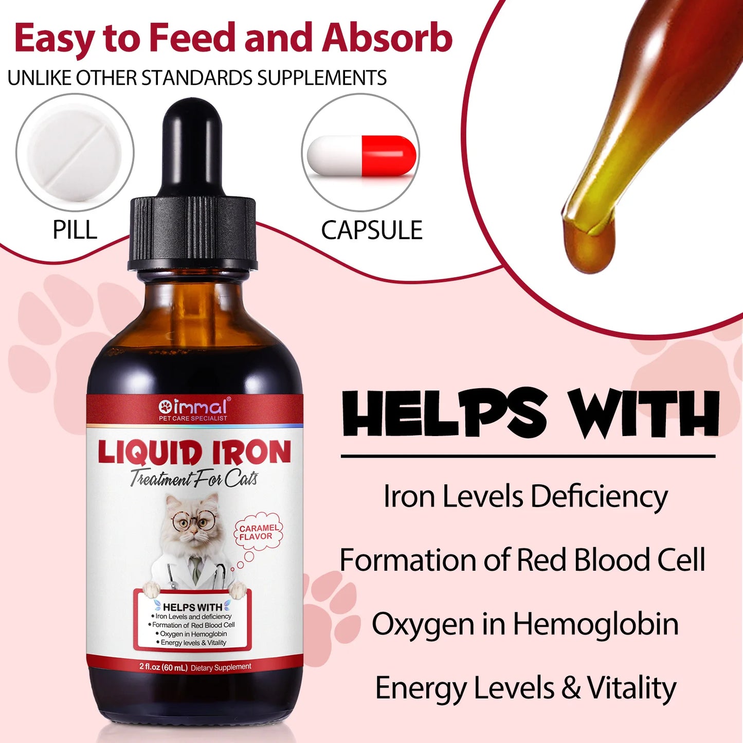 Liquid Iron Caramel Flavor Treatment for Cats Helps with Iron Levels Deficiency Formation of Red Blood Cell Oxygen in Hemoglobin