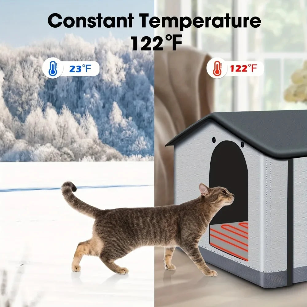 A insulated outdoor cat house with eaves and escape doors, designed for insulation and providing winter shelter for stray cats