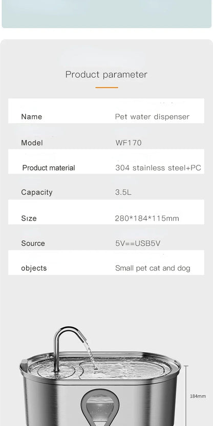 3.5L Stainless Steel Cat Water Fountain with Water Level Window Pet Fountain Cat Dog Water Dispenser for Multiple Cats Fountain