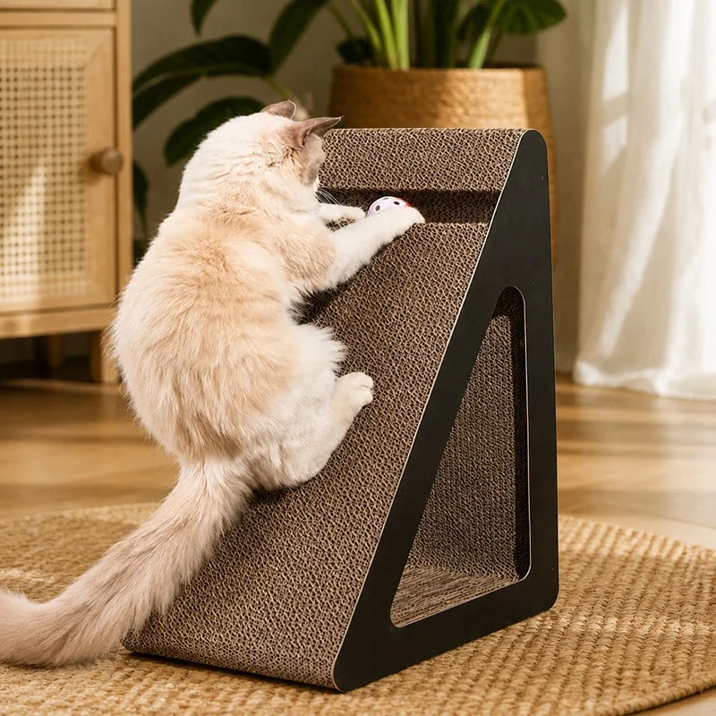 Pet Stress-Relief Triangle Cat Scratcher Made of Sturdy Cardboard with Interactive Spinning Balls