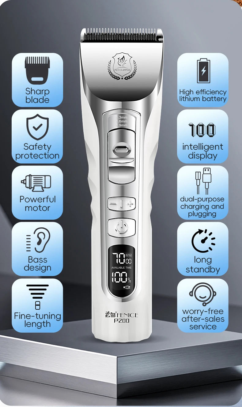 Fenice New Upgrade 5000mA Capacity Cordless LCD Screen Pets Dog Grooming Clippers Rechargeable Haircut Shaver for Trimming Salon