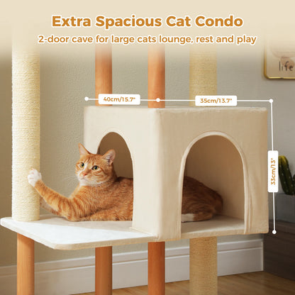 Modern Cat Tree for Indoor Cats, Multi-Level Cat Tree with Lage Cat Condo, Sisal Scratching Posts, Natural Wood Posts, Soft Bed