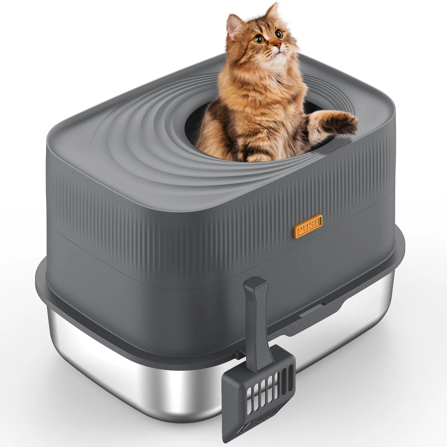 Top-Entry Oval Stainless Steel Cat Litter Box with Lid, XL Extra Large Enclosed Metal Cat Litter Box with Removable Lid and Cat Litter Scoop, Odor-Free, Easy to Clean, Prevents Large Cats from Leaking Urine - Gray