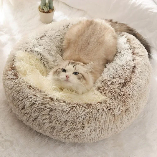 Round Plush Cat Bed Deep Sleep Bed for Cats Winter Warm Dog House Cushion Luxury Long Plush Kitten Puppy Sleeping Sofa Nest
