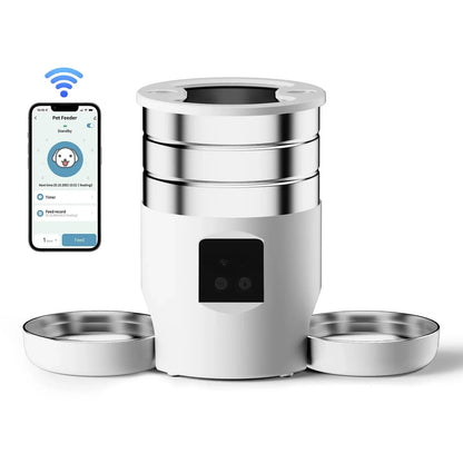 4.5L Intelligent Pet Feeder With Two Stainless Steel Bowls Button & WiFi APP Control Cat/Dogs Timed Food Automatic Dispenser