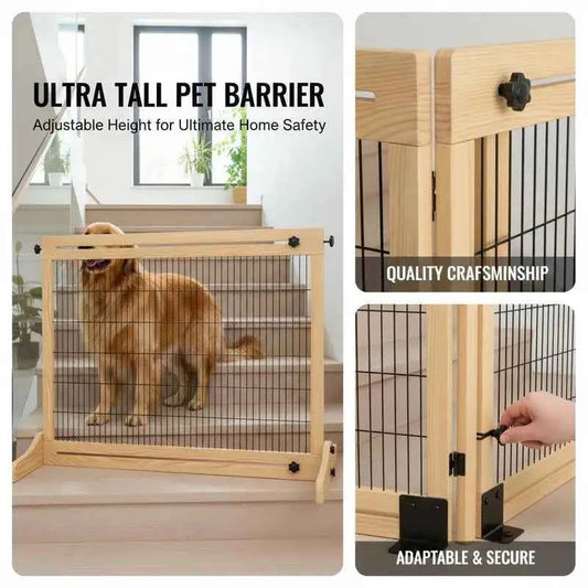 Freestanding Dog Gate, Foldable Pet Fence, Indoor Wood Barrier, Stair Gate with Support Feet, for Doorway, Hallway, Small and Medium Dogs, 69H x 104-183 cm, Natural Wood Finish