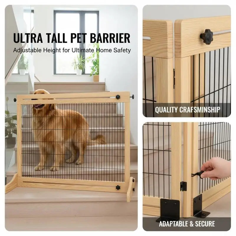 Freestanding Dog Gate, Foldable Pet Fence, Indoor Wood Barrier, Stair Gate with Support Feet, for Doorway, Hallway, Small and Medium Dogs, 69H x 104-183 cm, Natural Wood Finish