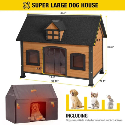 Dog House with Insulated Liner Anti-Chewing Metal Frame Design Insulated Wooden Dog Kennel with Unique Design Roof, Weatherproof