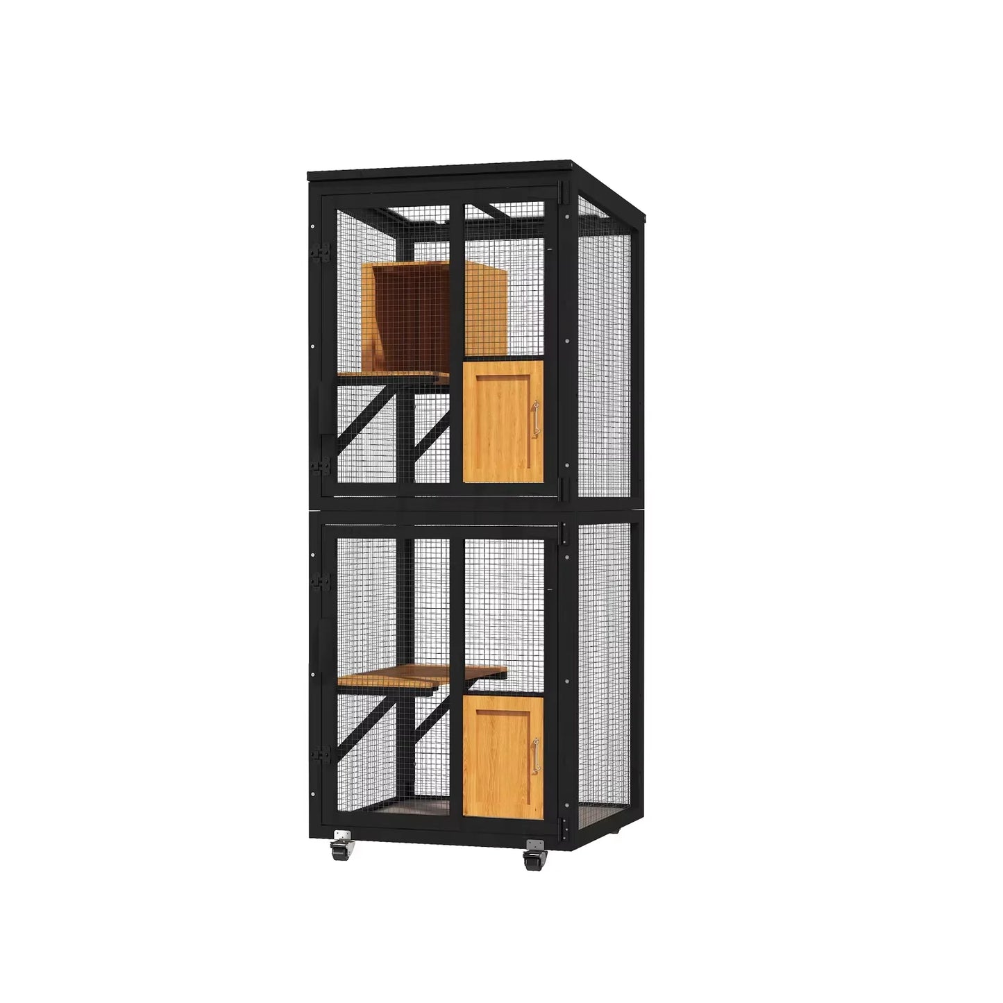 4-Tier Outdoor Cat Catio Enclosure, Large Cat Playpen with Wheels,Waterproof Roof,4 Doors & Resting Box,Grey/Black