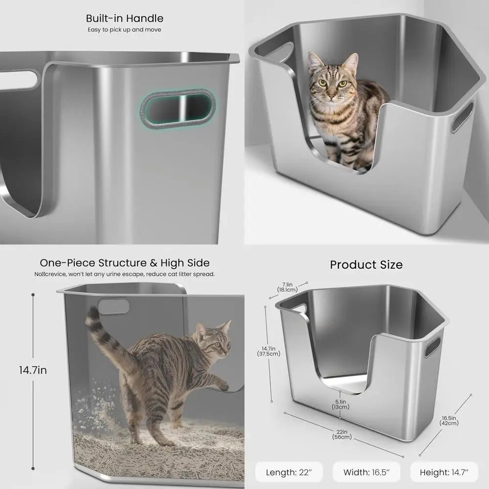 Corner Metal Cat Litter Box with High Sides, One-Piece Design, Easy Clean, Non-Stick, Odor-Free for Small to Medium Cats