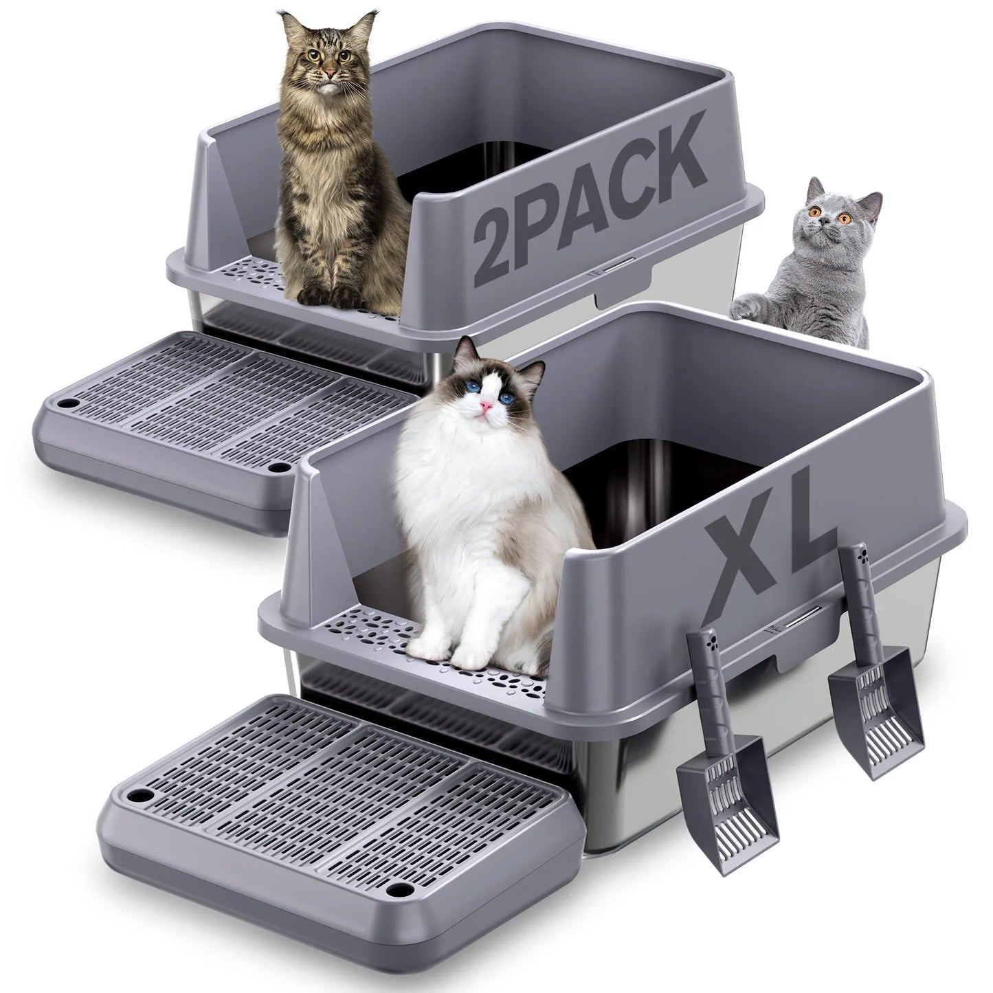 2 Pack Extra Large XL Stainless Steel Cat Litter Boxes with Lid Metal Cat Litterbox Pan for Big Cats and Multiple Cats
