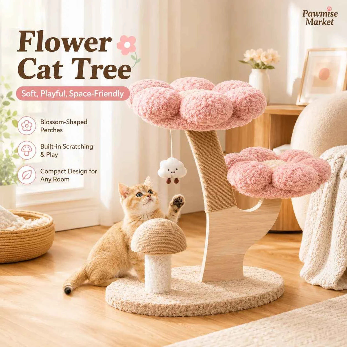 28.35-Inch Flower Cat Tree for Indoor Cats, 2-Tier Pink Plush Cat Tower with Sisal Scratching Post, Mushroom Scratcher and Hanging Cloud Toy, Compact Activity Center for Kittens and Small Cats