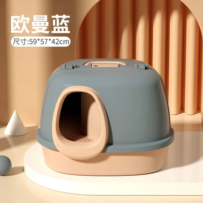 Large Corridor Cat Litter Box Spacious Toilet Anti-Splash Tray Fully Enclosed with Lift Cover Odor-Removing Sand Pedal Design