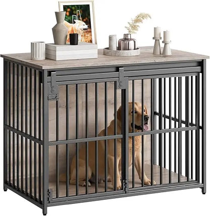 Dog Crate Furniture, 36.6" Heavy Duty Dog Kennel with Sliding Barn Door, Wooden Dog Cage Indoor, Decorative Side End Table for