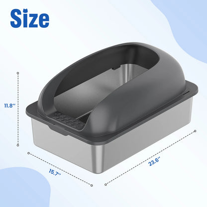 JHK Stainless 24IN Steel Cat Litter Box with Lid Large Cat Litter Box for Big Cats Anti-Urine Leakage Scoop and Mat Included