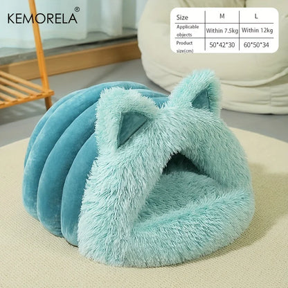 KEMORELA Plush Cat Ears Big Collar Pet Nest Cat Bed For Indoor Cats Thickened Pet Bed Cat House For Autumn And Winter Seasons