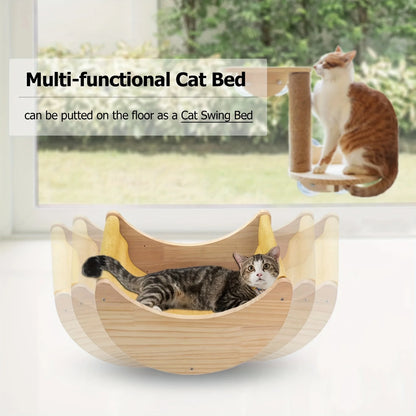 Hanging Cat Bed Hammock with Suction Cups Window Mounted Pet Swing for Cats Wooden Cat Cradle Space-Saving Wall Furniture